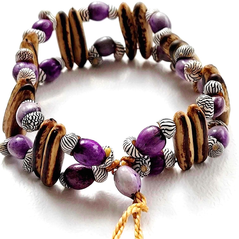 Handmade Natural Colours & Purple Shells Beaded Ajustable Wrap Bracelet
